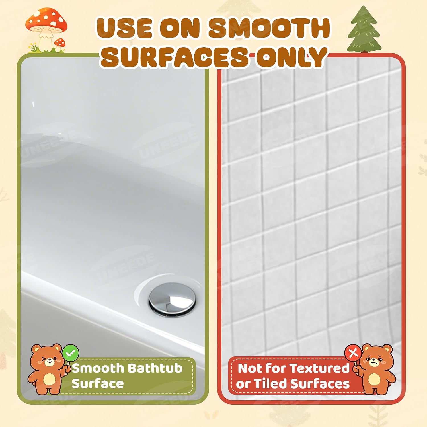 UNEEDE Non Slip Bathtub Mat for Kids | Natural Rubber Toddler Bath Mat with 126 Suction Cups and 43 Drainage Holes, Soft Machine Washable Bathroom Essentials