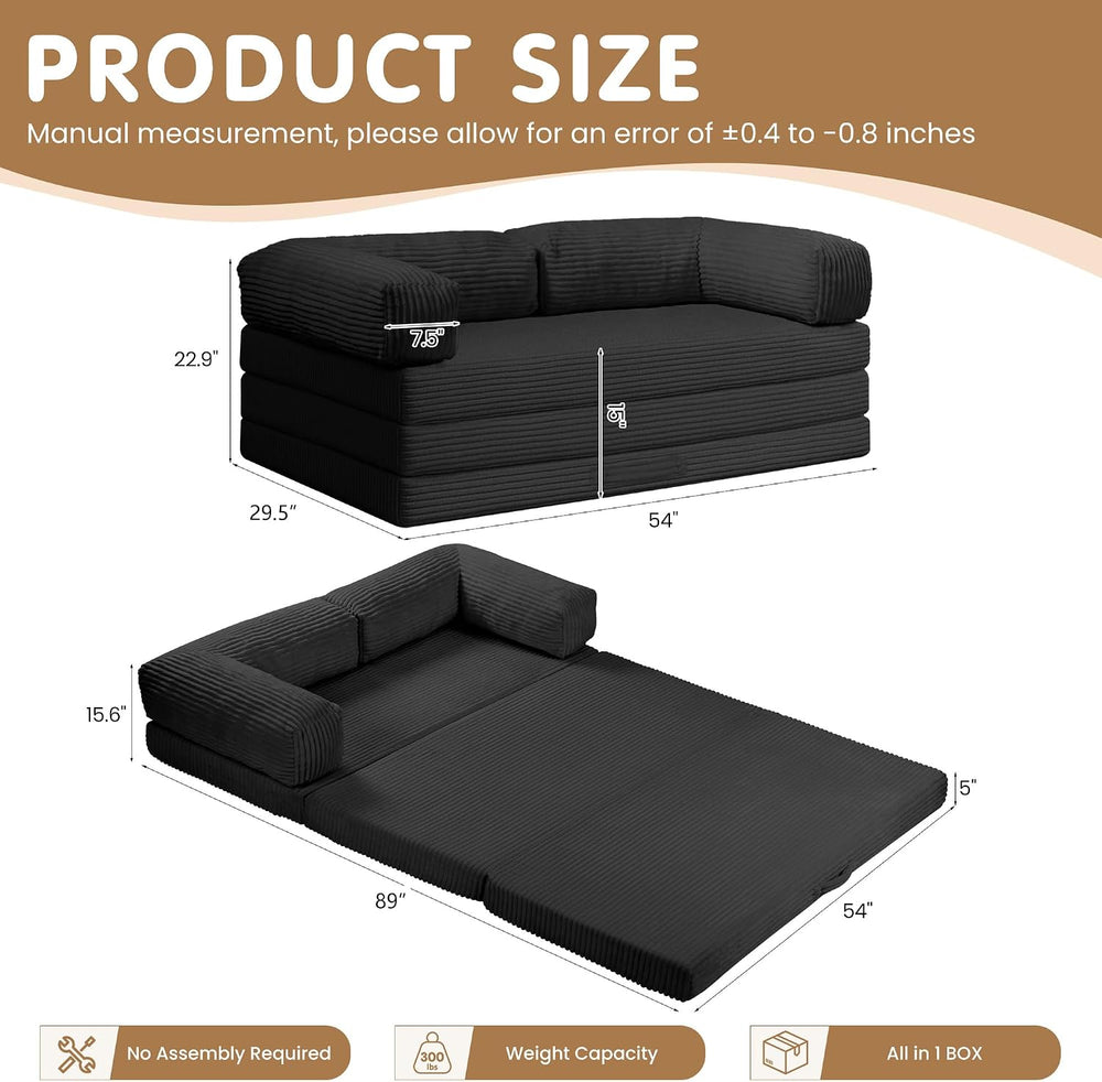 Convertible Sofa Bed Full,5-in-1 Tri-Fold Boneless Couch with Removable Armre...