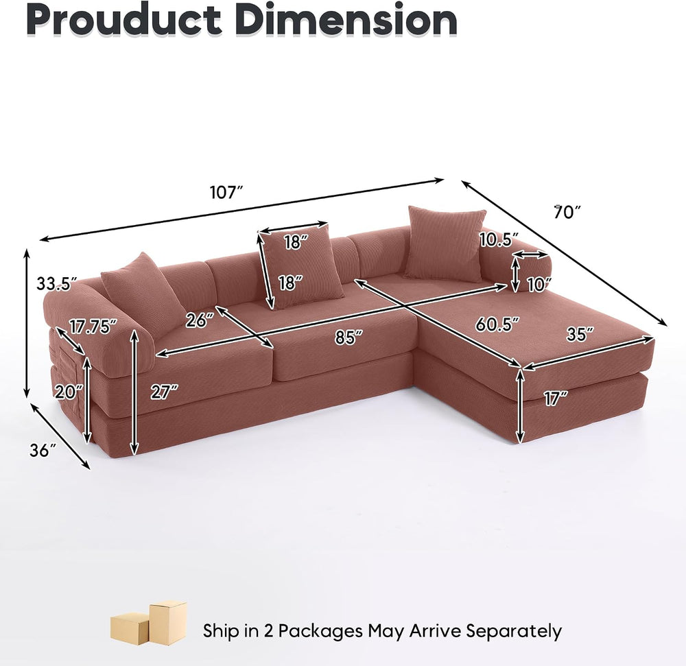107" Modular Sectional Sofa Bed, L-Shape Corduroy Boneless Couch, Pink
