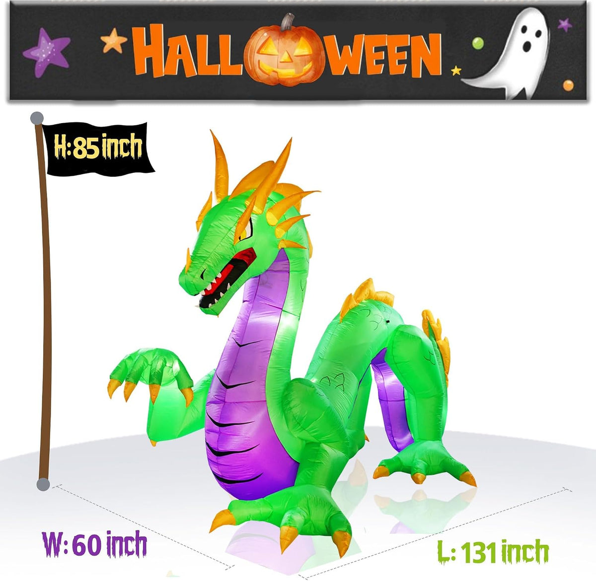 11FT Length Giant Green Halloween Inflatable Dragon, Blow Up Dragon Outdoor Halloween Inflatables Decorations Built-in 5 Bright Led Lights