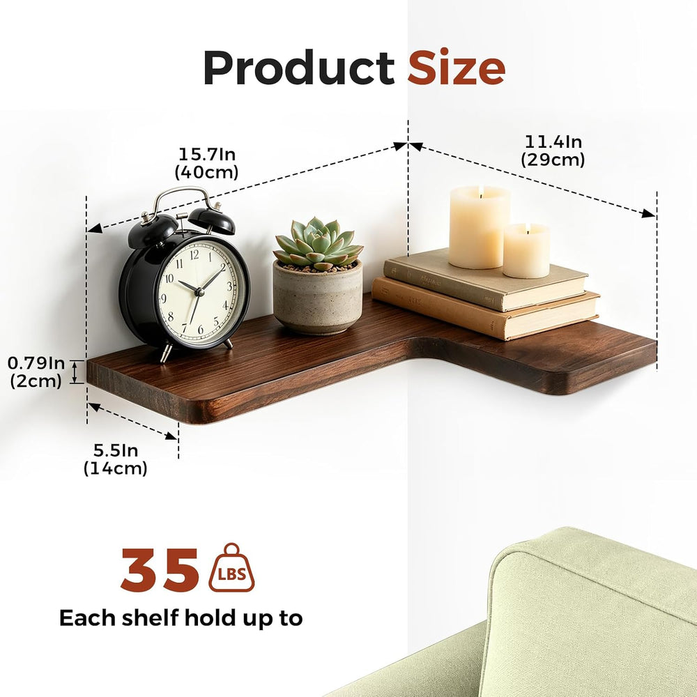 Solid Wood Corner Floating Shelves, L-Shaped, Brown, Set of 4
