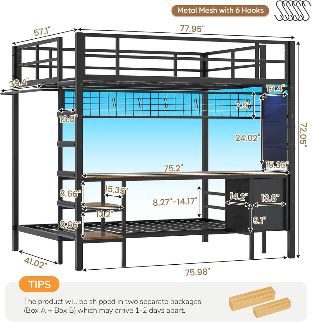 Bunk Bed Full Over Twin with Desk, Led Lights and Charging Station,Black
