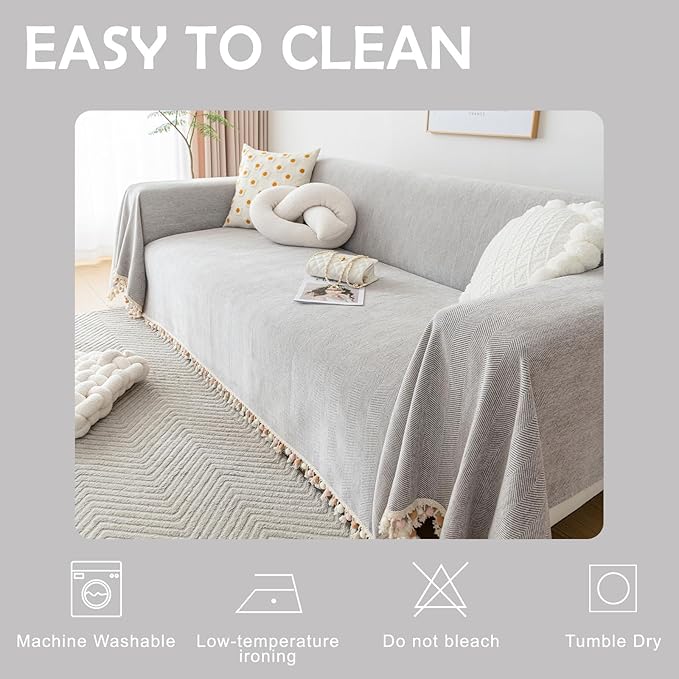 HANDONTIME Grey Sofa Cover for Couch Boho Couch Cover for 3 Seat Dog Couch - Image 6