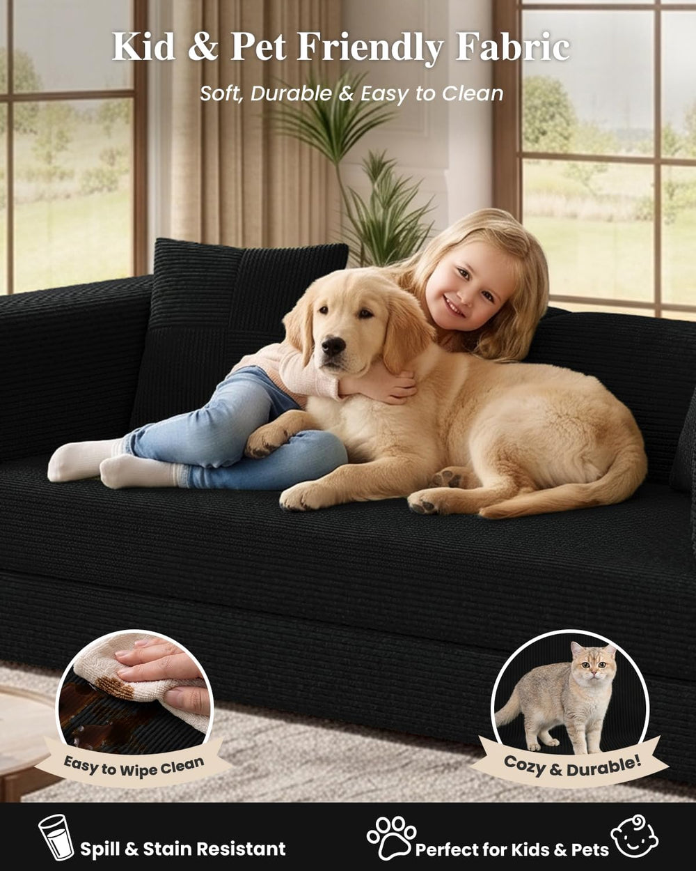 79.5" 5-in-1 Convertible Futon Sofa Bed, Boneless Corduroy, Black
