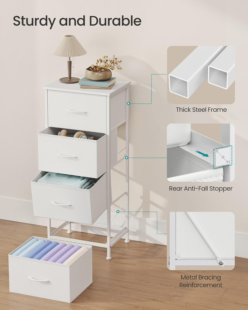 SONGMICS Dresser for Bedroom, Tall Dresser with 4 Fabric Drawers