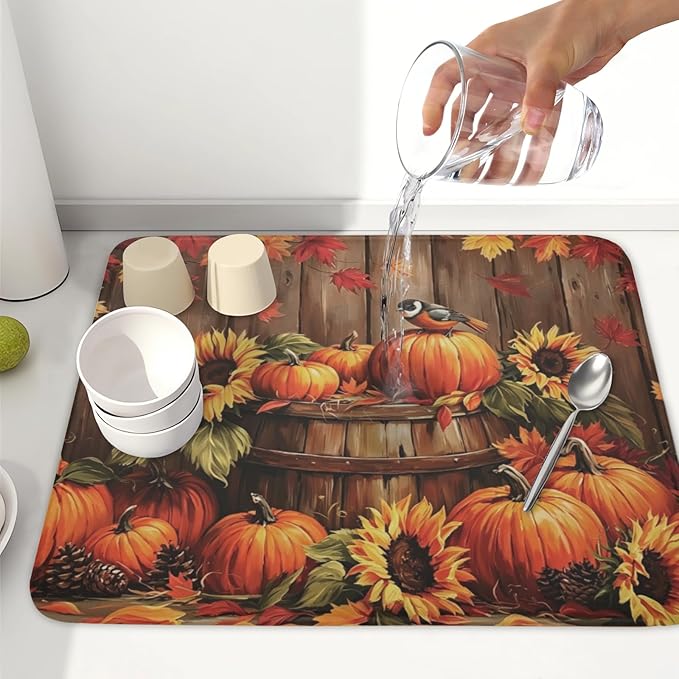 Fall Pumpkin Dish Drying Mat for Kitchen Counter Thanksgiving Autumn Harvest - Image 6