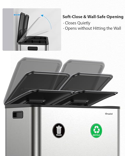 Dual Trash and Recycling Bins for Kitchen, 2×13 Gallon Stainless Steel Trash - Image 6