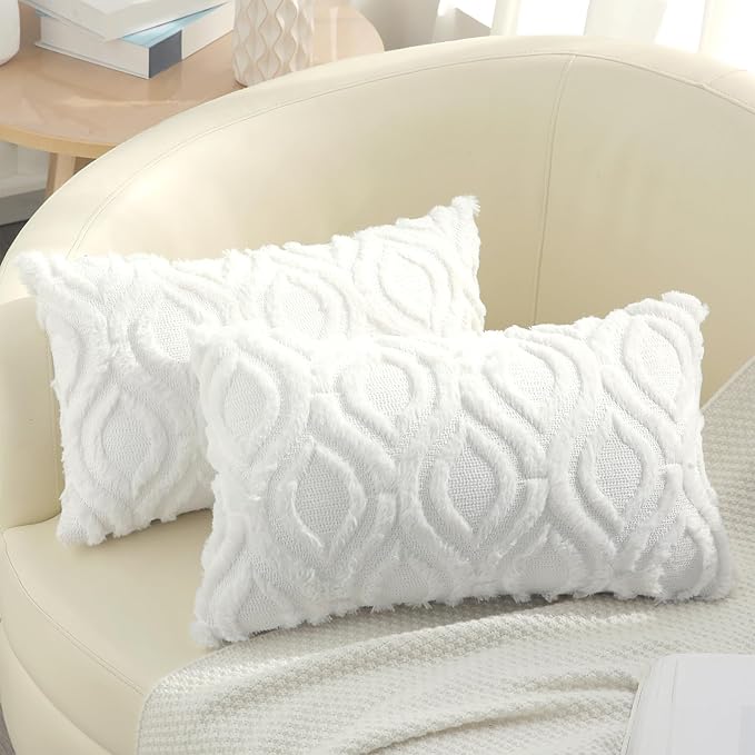 decorUhome Throw Pillow Covers 12x20 Inch Set of 2, Soft Plush Faux Wool White by decorUhome