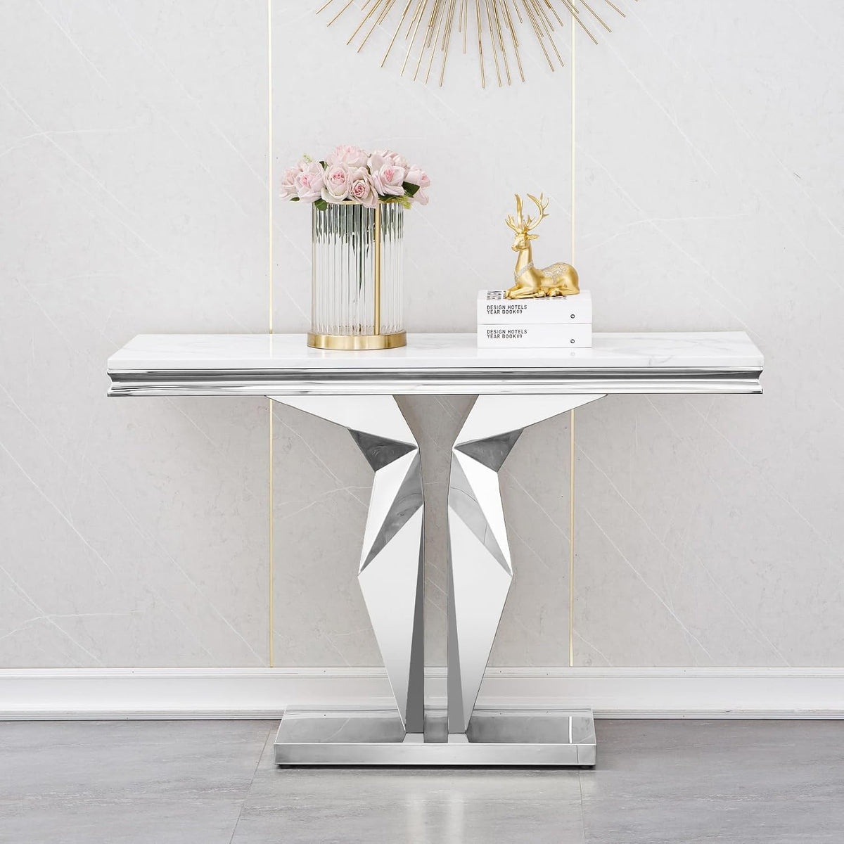 faux marble console table luxury white marble entryway, main product view
