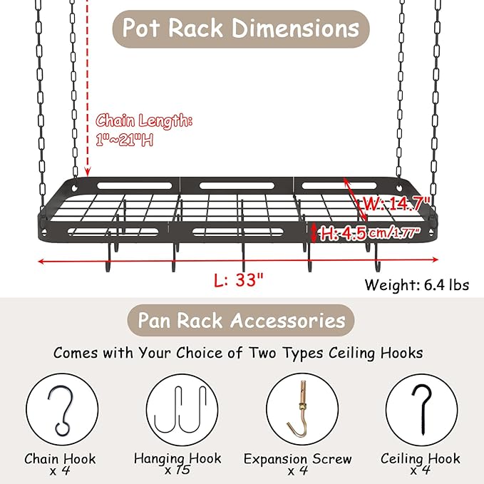 33” Pots and Pans Hanging Rack, Heavy-duty Metal Square Kitchen Ceiling Pot Rack