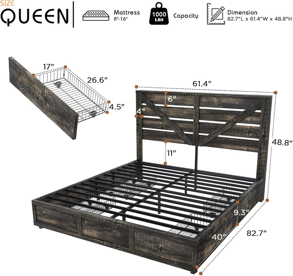 Queen Size Wooden Bed Frame with 4 Storage Drawers
