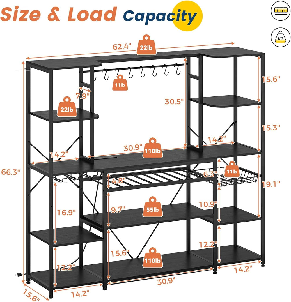 62.4in Large Bakers Rack with Power Outlet, Wide Kitchen Microwave Stand with...