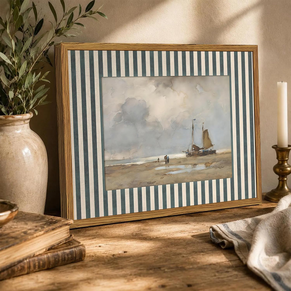 Framed Vintage Coastal Landscape Wall Art Set of 2, Retro Blue and White Stri...