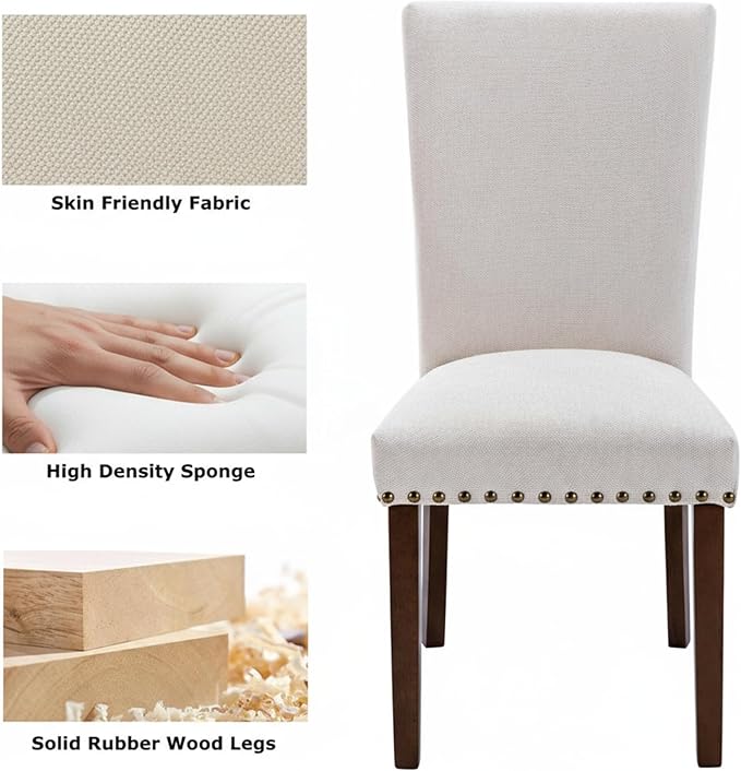Set of 6 Beige Upholstered Dining Chairs – Farmhouse Kitchen Chairs with High...