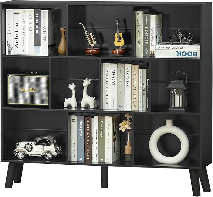 YAHARBO 10 Cube Bookshelf,3 Tier Bookcase with Legs,Black Mid-Century Modern ...