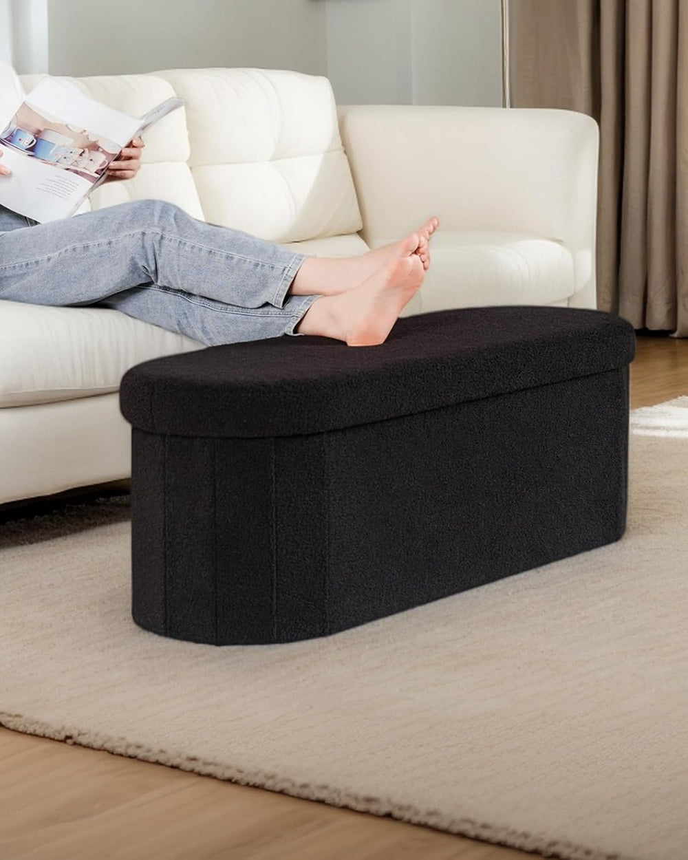 43.3 Inches Foldable Storage Ottoman Bench, Oval Footrest