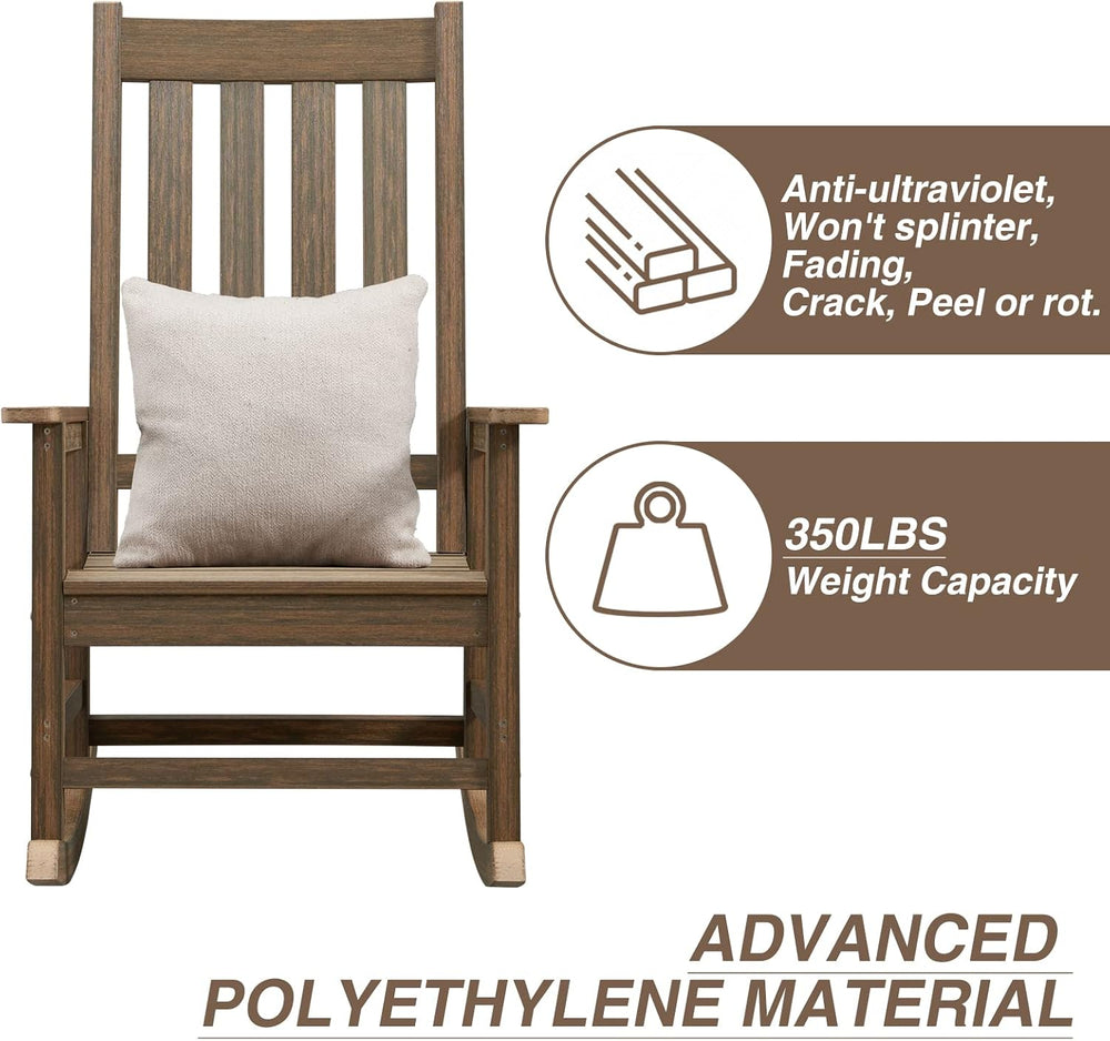 Oversized Outdoor Rocking Chair, Porch Rocker with High Back, Brown | HDPE Pa...