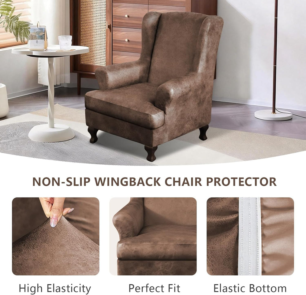 ANARACHON Leather Look Wingback Chair Covers, 2-Piece Wing Chair slipcover, S...