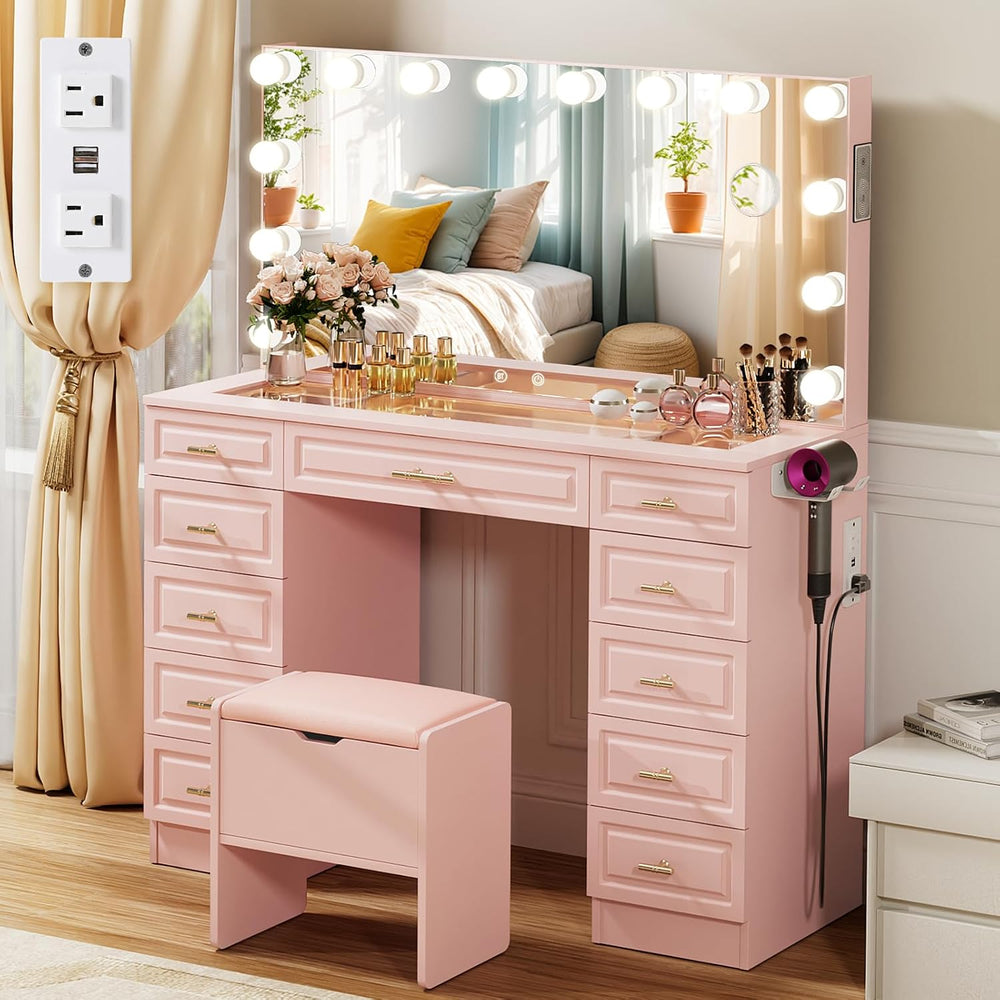 VOWNER Vanity with Lighted Mirror, Makeup Vanity Desk w/Bluetooth Speaker