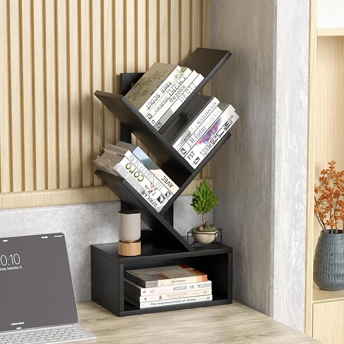 Small Tree Book Shelf,5 Tier Black Tree Bookshelf,Black Desktop Bookcase,Mode...