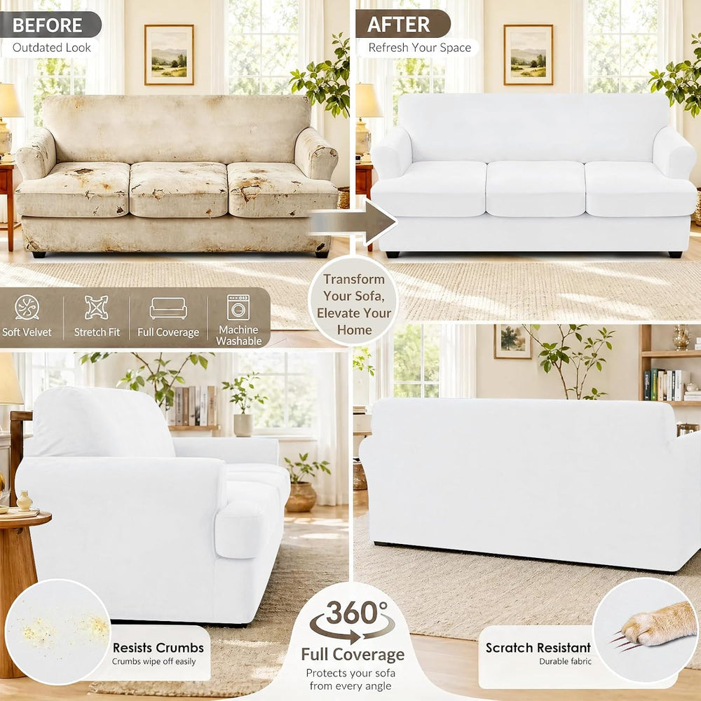 YEMYHOM Real Velvet 2 Pieces T Cushion Chair Covers with Arms Super Stretch C...