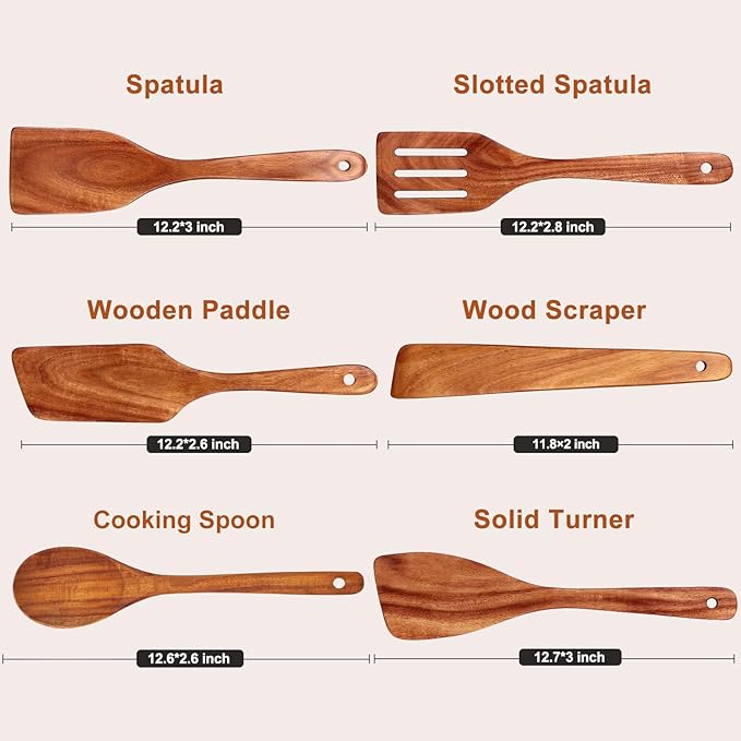 6 Pcs Best Flat Wood Spatula Set Teak Wooden Spoon - Image 6