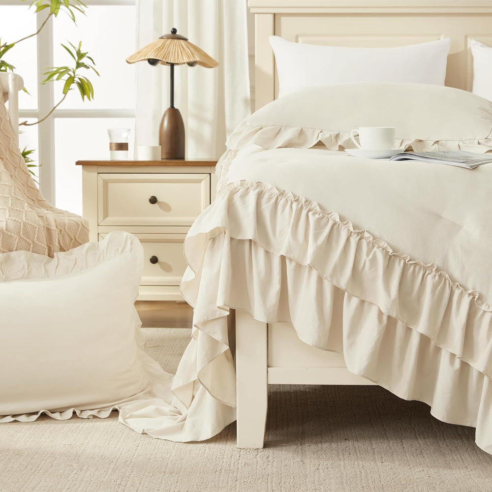 Andency Beige Ruffle Comforter Set King, 3 Pieces Solid Bedding