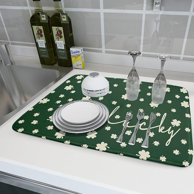 Giwawa St Patricks Day Dish Drying Mat Green Lucky Clovers Dish Drainer Mats - Image 6