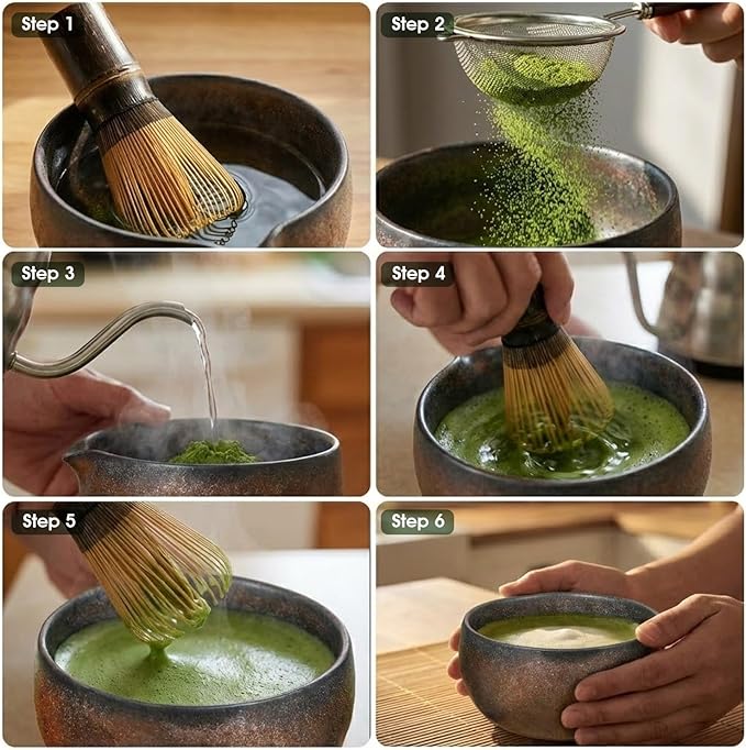 Matcha Whisk Set 7-Piece with Handmade Matcha Bowl & 100-Prong Purple Bamboo - Image 6