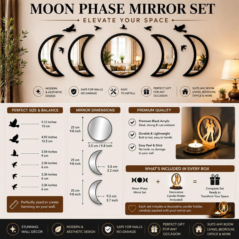 NESHE Moon Phase Mirror Wall Decor Set with Birds | Gothic Witchy Boho Wall M...