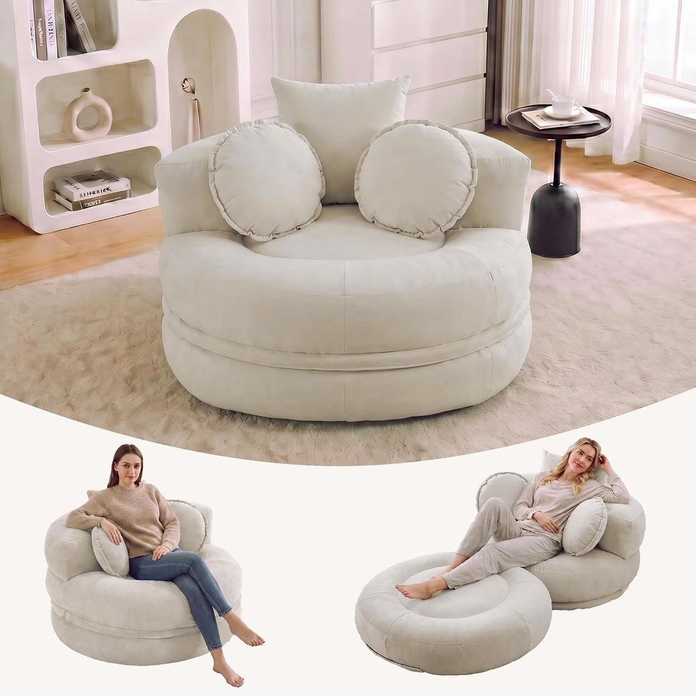 Boneless Convertible Round Floor Sofa Chair with Expandable Seat, Beige