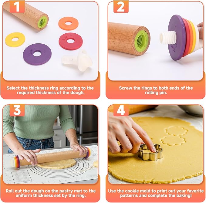 Wooden Rolling Pin with Thickness Rings and Pastry Baking Mat, Pie Crusts - Image 3