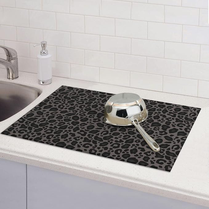 Black Grey Leopard Print Dish Drying Mat Cheetah Wild Animal Dark Skin Drying - Image 6