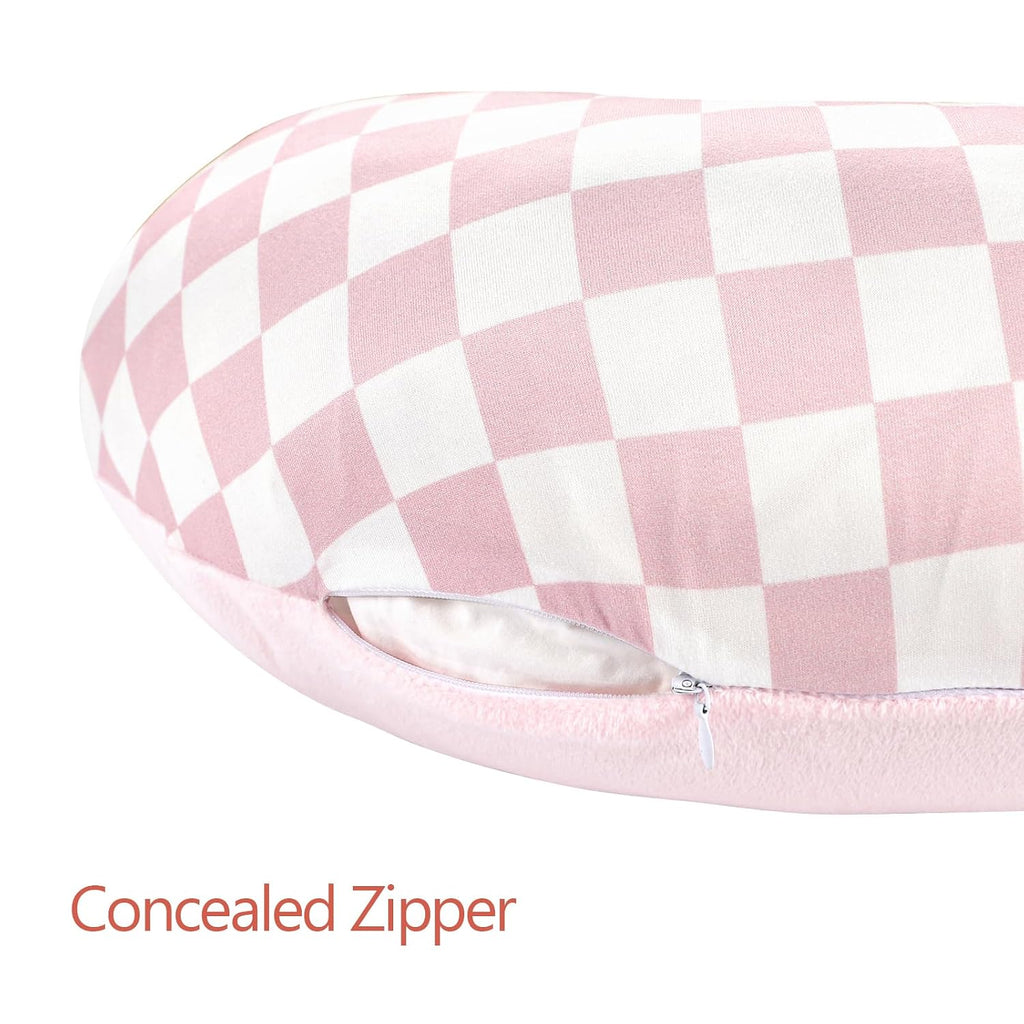 Nursing Pillow Cover 1 Pack, DAYEEBALL Double-Sided Removable Nursing Cover for Baby Girls Boys Newborn, Stretchy and Soft Reversible Slipcover for Breastfeeding Pillow, Pink Checkerboard (Only Cover)
