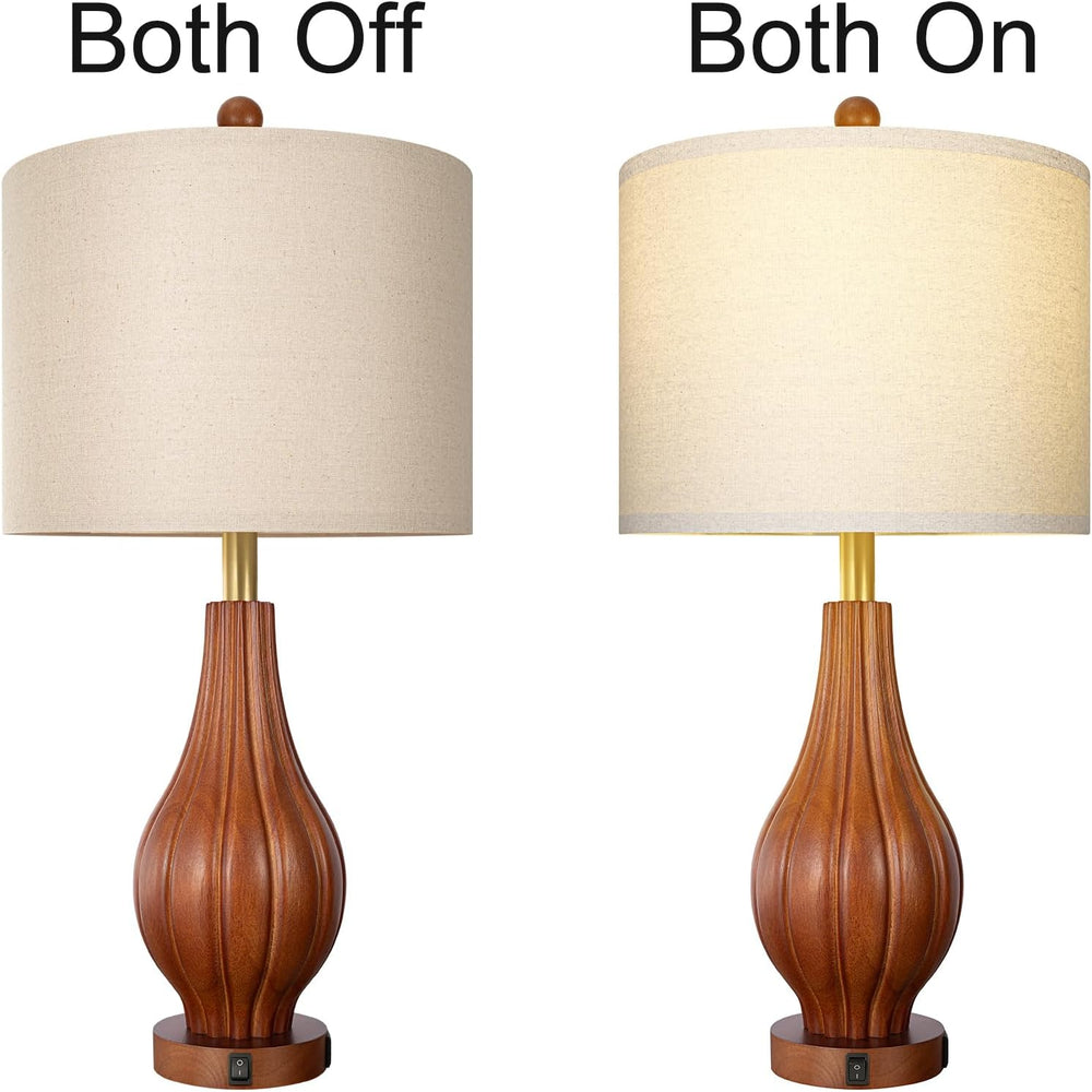 Scenekoy 26.5" Solid Wood Table Lamp Set of 2, USB A+C, 3-Way Dimmable Lamp