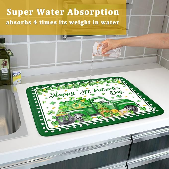 Shamrock Gnome Truck Dish Drying Mat Lucky Clover Dish Drainer Mat 18x24 inch - Image 7