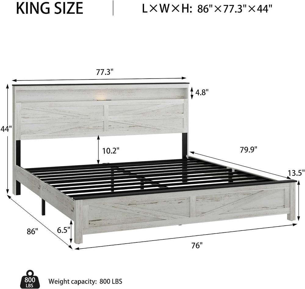 Ball & Cast Wood King Size Bed Frame with Storage Headboard,Farmhouse Pla...