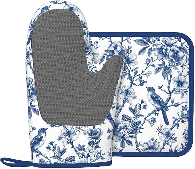 Blue Silicone Oven Mitts Pan Mats Set of 2, Heat Resistant Gloves Potholder - Image 2