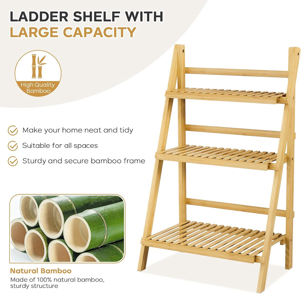 Foldable Ladder Shelf 39.4", Plant Shelf 3 Tier, Bamboo Ladder Flower Po...