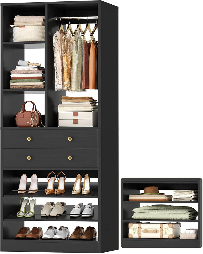 Besiost Small Closet System, 28"/2.3 FT Wood Closet Organizer System with Drawers and Shelves, Walk-in Closet Systems for Small Closets, Free Standing Reach in Closets Tower, Black