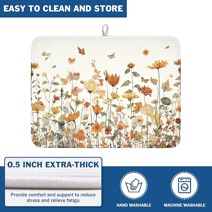 Fall Floral Dish Drying Mat for Kitchen Counter Orange Rustic Vintage - Image 5