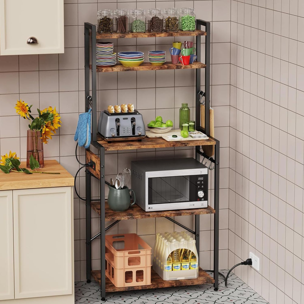 Kitchen Bakers Rack with Power Outlet, 5 Tiers Coffee Bar Table, Kitchen Micr...