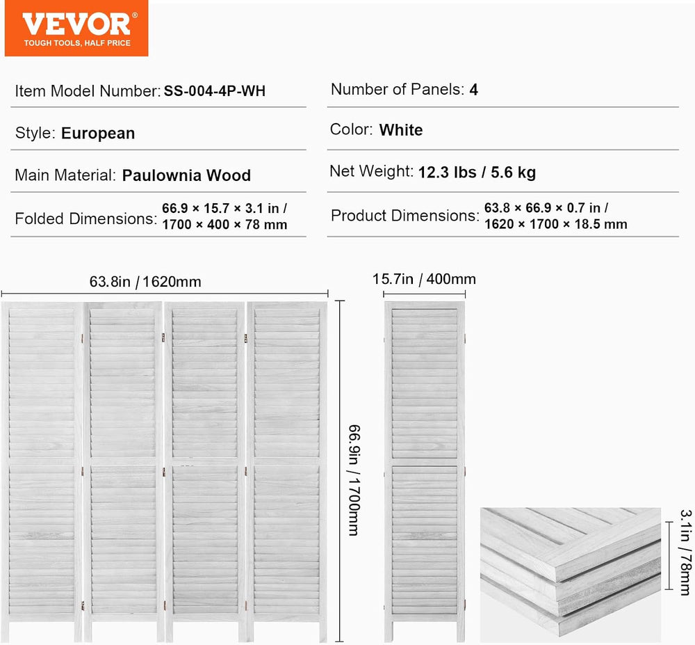 VEVOR Wood Room Divider, 4 Panel Folding Privacy Screen, Indoor Wooden Partit...