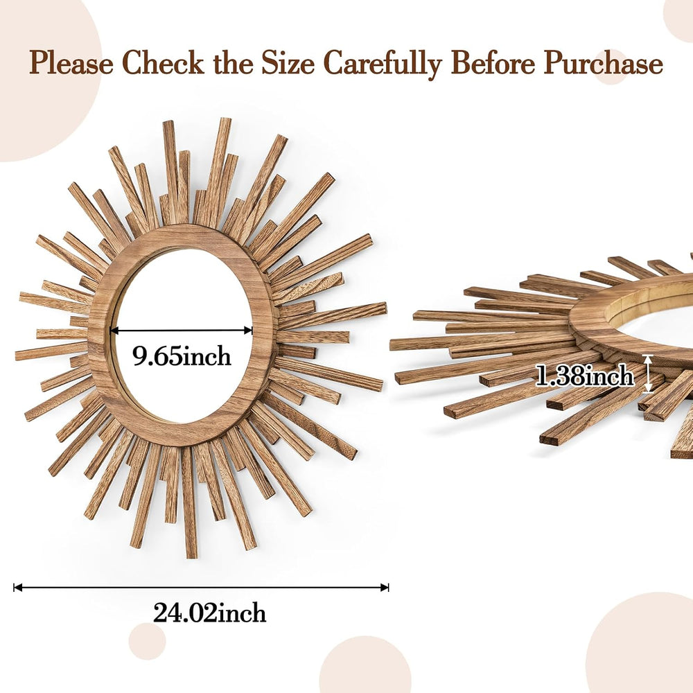 24 Inch Boho Sunburst Mirror, Round Wooden Wall Decor Starburst Sun Mirror fo...