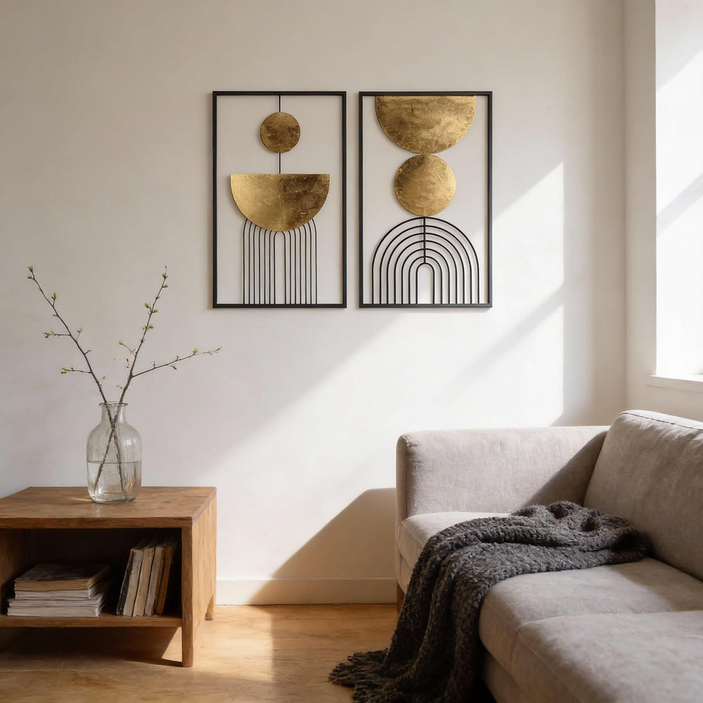Abstract Geometric Wall Decor Set, Gold and Black Metal Wall Art with Circula...