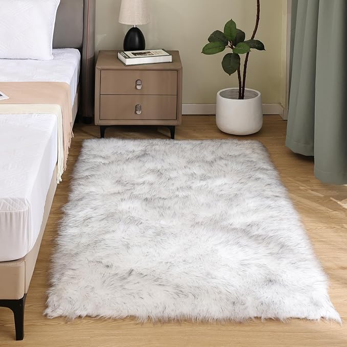 Latepis White and Grey Faux Fur Rug 3x5 Area Washable Fluffy Rugs by Latepis