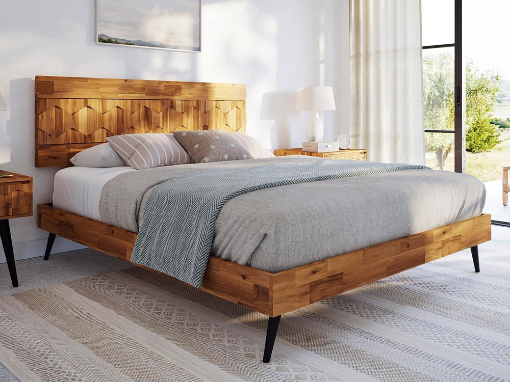 Bme Georgina Queen Bedframe, Geometric Headboard, Mid Century, Teak Brown