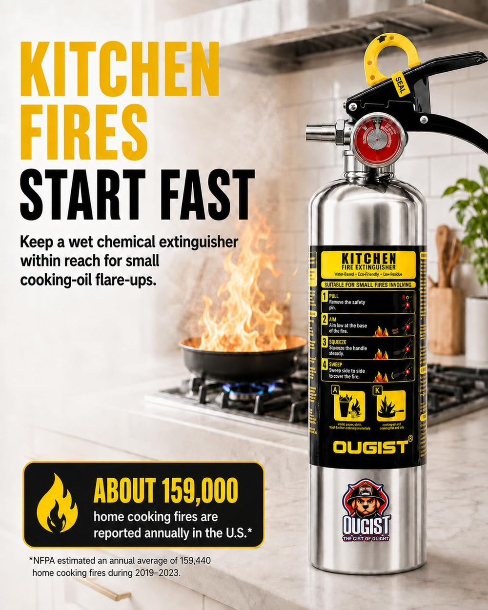 Ougist Class K Fire Extinguisher for Kitchen, 1-A:K, 34 Fl Oz Wet Chemical