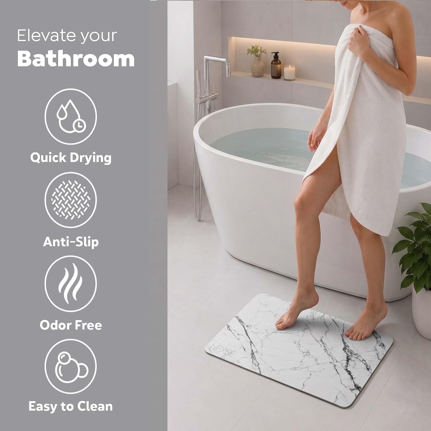 Extra Large Stone Bath Mat for Bathroom Floor (32" x 20") | Non Slip Super Absorbent Quick Dry Diatomaceous Earth Bath Mat | XL Diatomite Stone Bath Shower Mat | White
