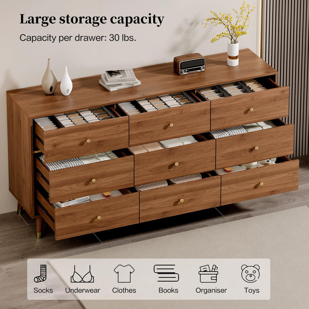 Chrangmay 9 Drawer Dresser,63" Wide Mid Century Modern Chest of Drawers,...